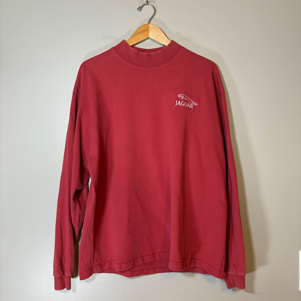 Vintage Jaguar Long Sleeve Mock Neck T-Shirt Red Cotton Deluxe Made in USA XL